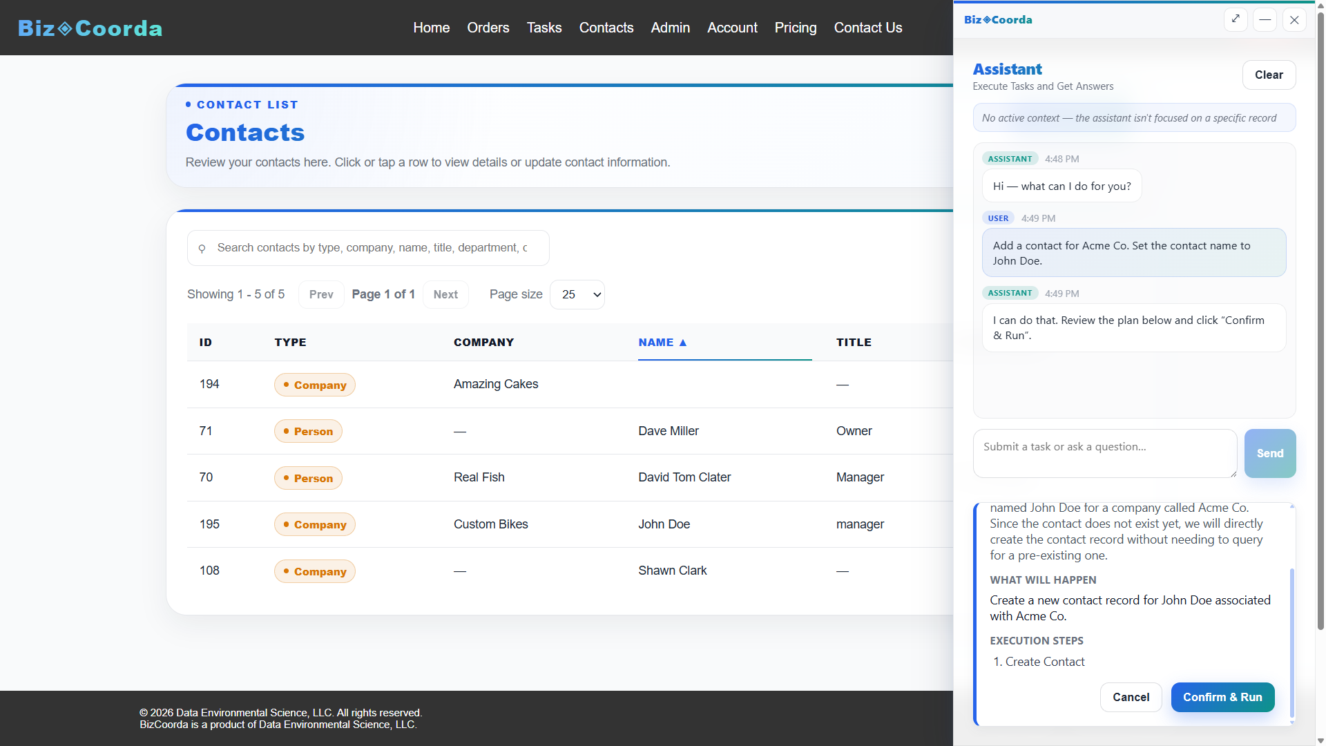 BizCoorda business operations showing a created contact generated by the assistant.
